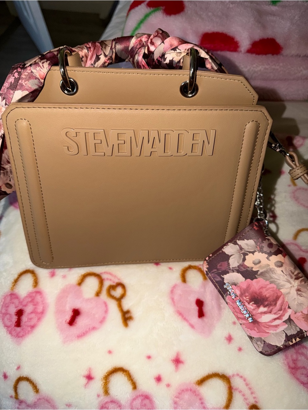 Steve Madden Tan Satchel with Floral Scarf Wrap